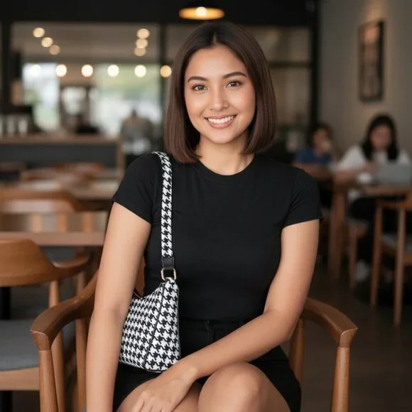 Houndstooth Baguette Shoulder Bag Black White PU Leather Y2K Streetwear Purse - Picture 5 of 14